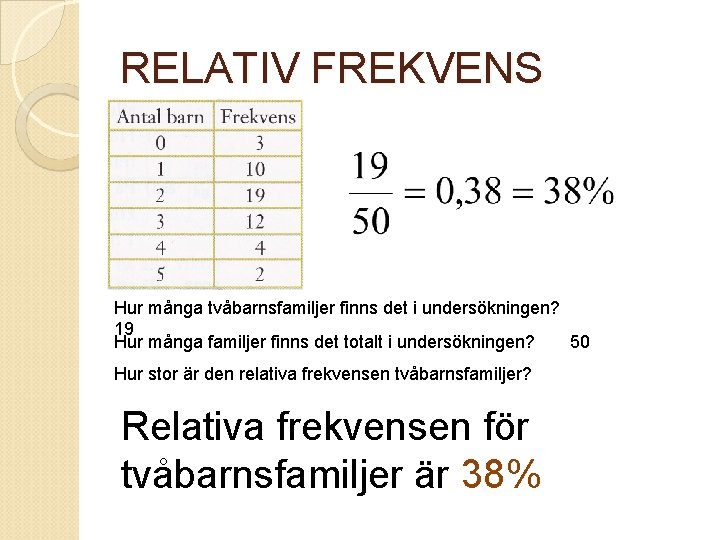 RELATIV FREKVENS Hur många tvåbarnsfamiljer finns det i undersökningen? 19 Hur många familjer finns