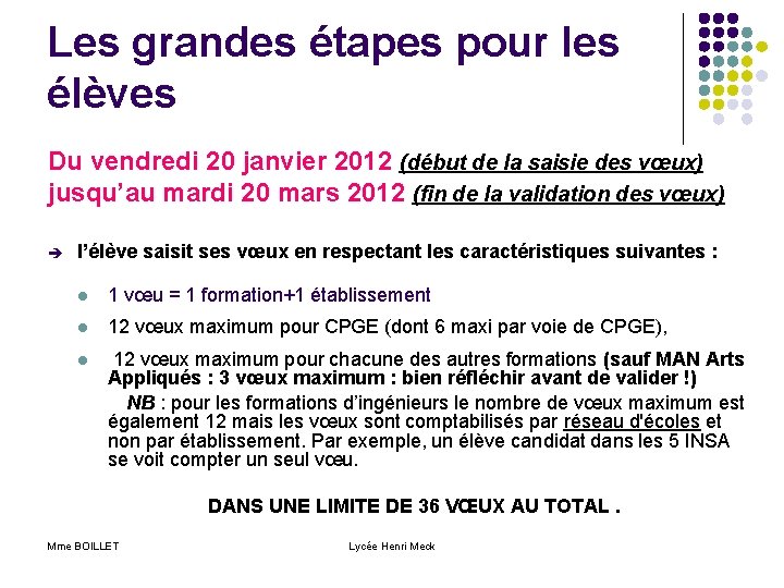 Les grandes étapes pour les élèves Du vendredi 20 janvier 2012 (début de la