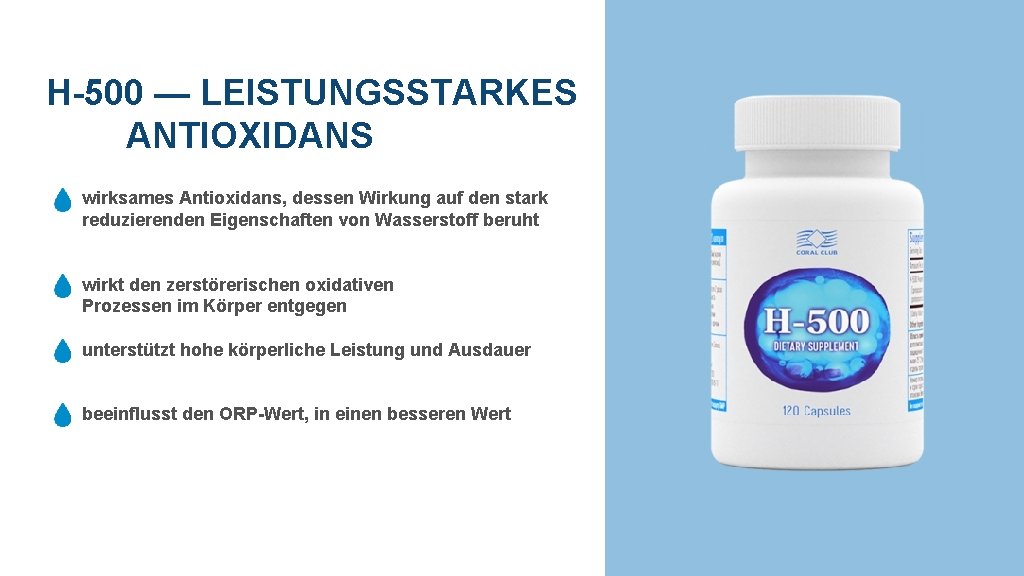 H-500 — LEISTUNGSSTARKES ANTIOXIDANS wirksames Antioxidans, dessen Wirkung auf den stark reduzierenden Eigenschaften von