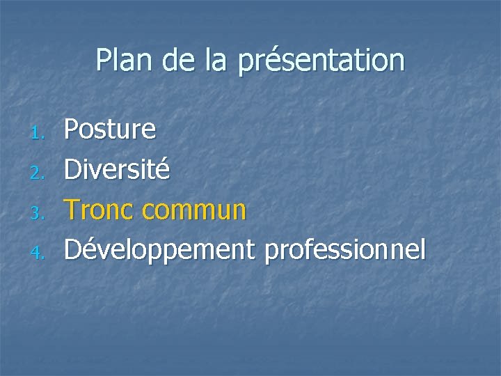 Plan de la présentation 1. 2. 3. 4. Posture Diversité Tronc commun Développement professionnel