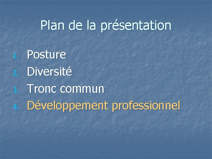 Plan de la présentation 1. 2. 3. 4. Posture Diversité Tronc commun Développement professionnel