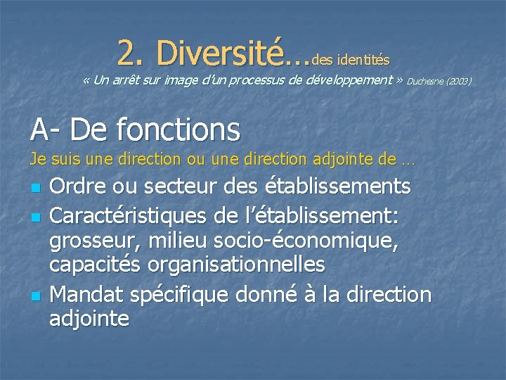 2. Diversité…des identités « Un arrêt sur image d’un processus de développement » Duchesne