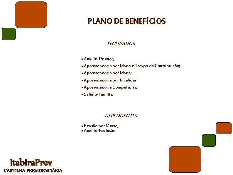 PLANO DE BENEFÍCIOS SEGURADOS Auxílio-Doença; Aposentadoria por Idade e Tempo de Contribuição; Aposentadoria por
