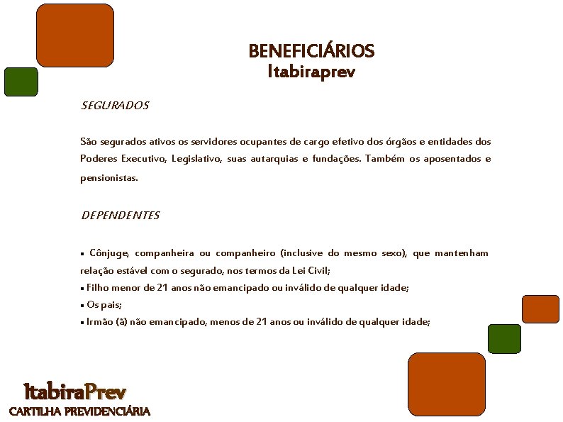 BENEFICIÁRIOS Itabiraprev SEGURADOS São segurados ativos os servidores ocupantes de cargo efetivo dos órgãos