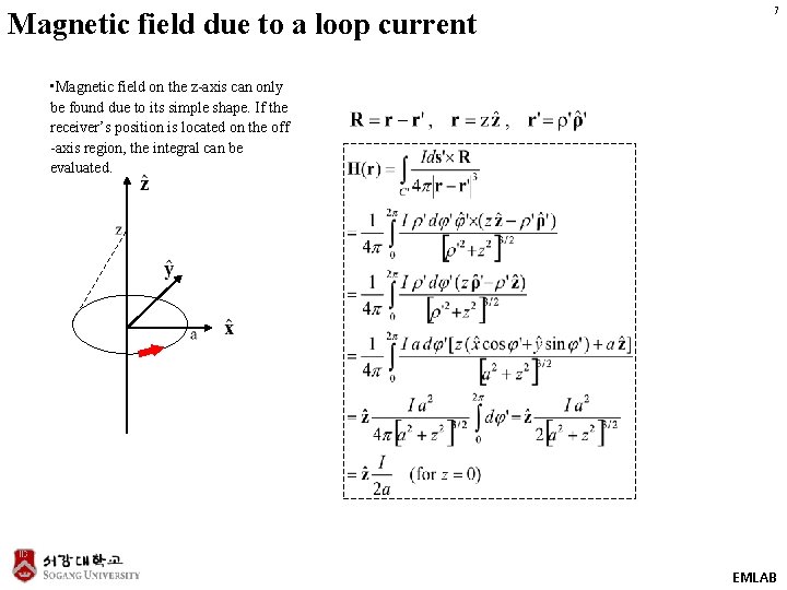 Magnetic field due to a loop current 7 • Magnetic field on the z-axis