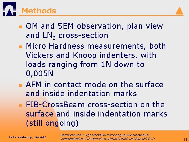 Methods n n OM and SEM observation, plan view and LN 2 cross-section Micro
