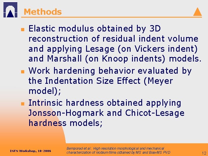 Methods n n n Elastic modulus obtained by 3 D reconstruction of residual indent