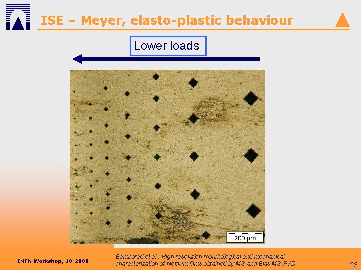 ISE – Meyer, elasto-plastic behaviour Lower loads INFN Workshop, 10 -2006 Bemporad et al.