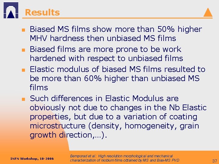 Results n n Biased MS films show more than 50% higher MHV hardness then