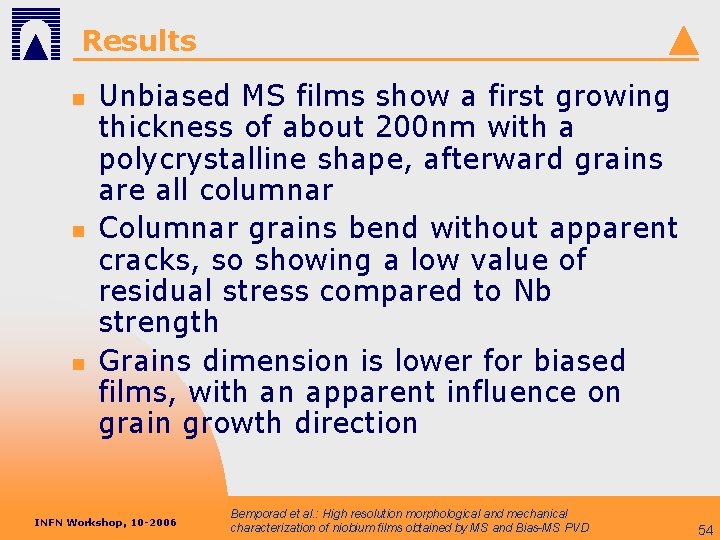 Results n n n Unbiased MS films show a first growing thickness of about