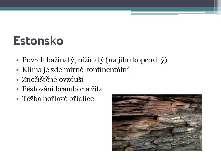 Estonsko • • • Povrch bažinatý, nížinatý (na jihu kopcovitý) Klima je zde mírné