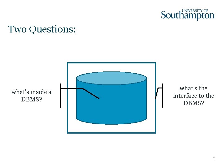 Two Questions: what’s inside a DBMS? what’s the interface to the DBMS? 2 