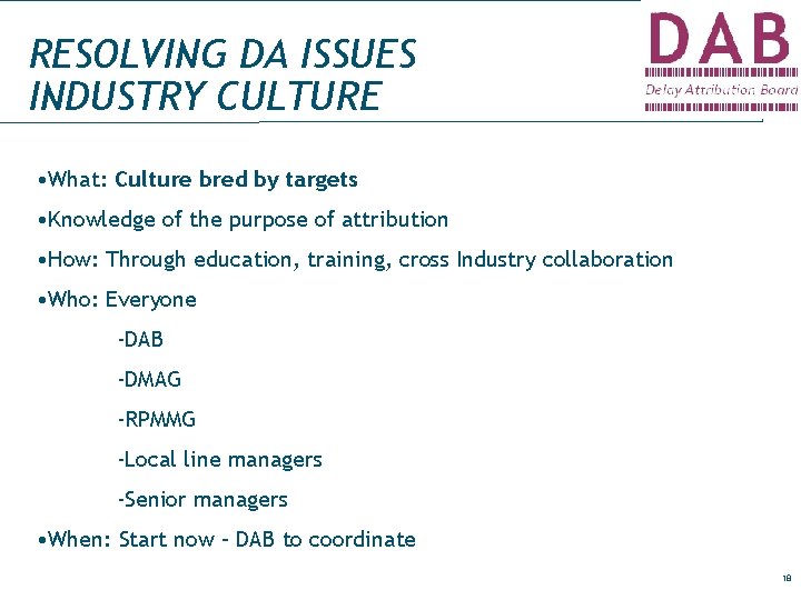 RESOLVING DA ISSUES INDUSTRY CULTURE • What: Culture bred by targets • Knowledge of