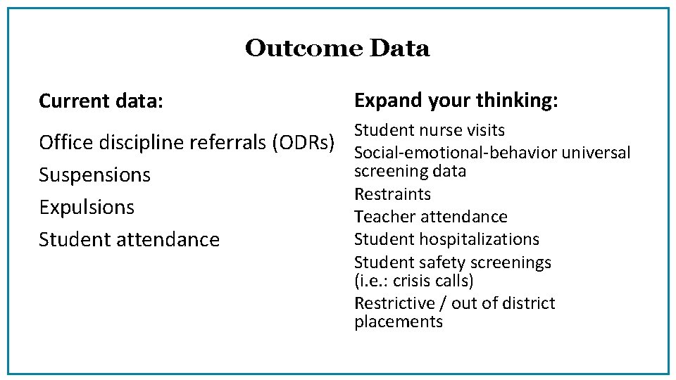 Outcome Data Current data: Expand your thinking: Student nurse visits Office discipline referrals (ODRs)