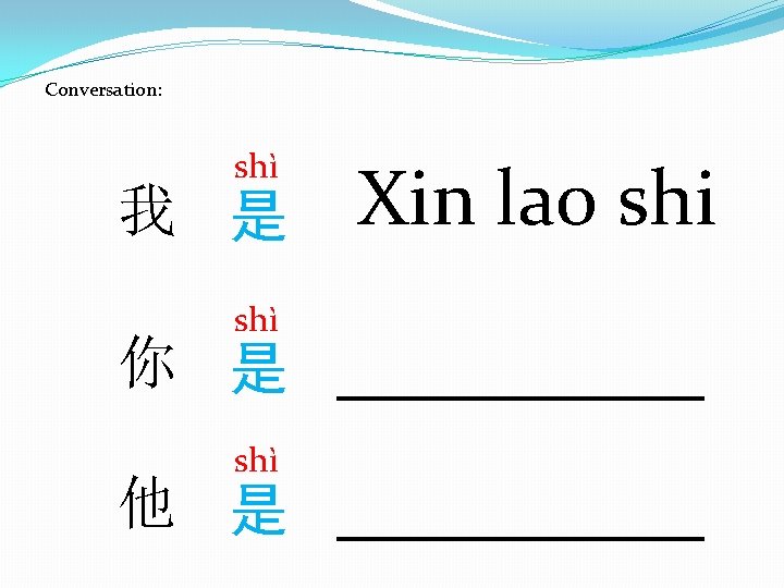 Conversation: shì 我 是 shì 你 是 shì 他 是 Xin lao shi 