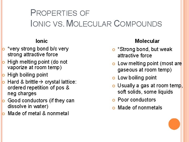 PROPERTIES OF IONIC VS. MOLECULAR COMPOUNDS Ionic *very strong bond b/c very strong attractive