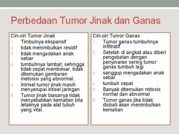 Perbedaan Tumor Jinak dan Ganas Ciri-ciri Tumor Jinak 1. Timbulnya ekspansif 2. tidak menimbulkan