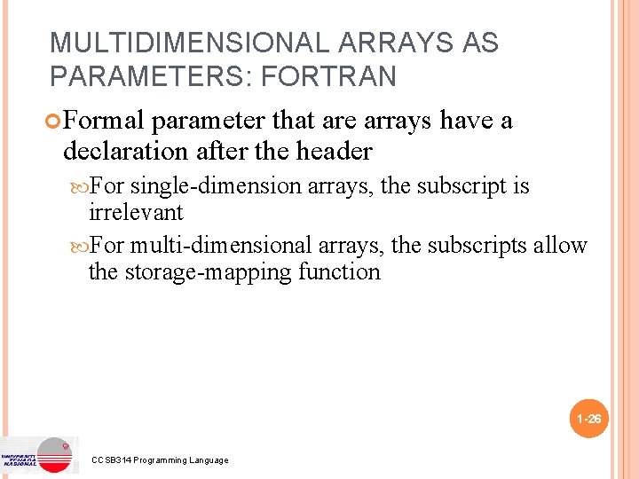 MULTIDIMENSIONAL ARRAYS AS PARAMETERS: FORTRAN Formal parameter that are arrays have a declaration after MULTIDIMENSIONAL ARRAYS AS PARAMETERS: FORTRAN Formal parameter that are arrays have a declaration after