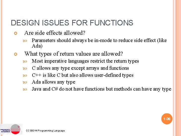 DESIGN ISSUES FOR FUNCTIONS Are side effects allowed? Parameters should always be in-mode to DESIGN ISSUES FOR FUNCTIONS Are side effects allowed? Parameters should always be in-mode to