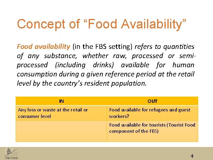 Concept of “Food Availability” Food availability (in the FBS setting) refers to quantities of