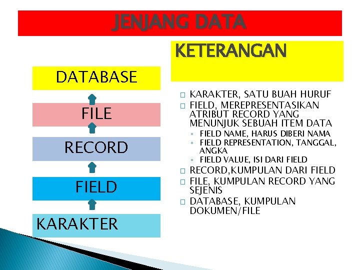 JENJANG DATABASE KETERANGAN � FILE � ◦ FIELD NAME, HARUS DIBERI NAMA ◦ FIELD