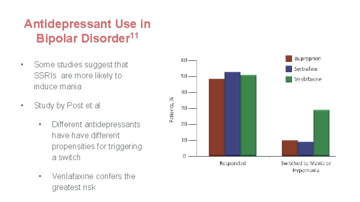 Antidepressant Use in Bipolar Disorder 11 • Some studies suggest that SSRIs are more