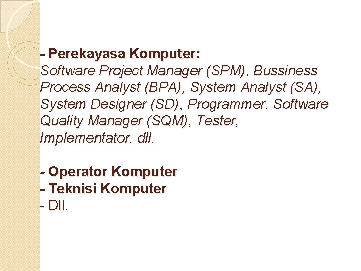 - Perekayasa Komputer: Software Project Manager (SPM), Bussiness Process Analyst (BPA), System Analyst (SA),