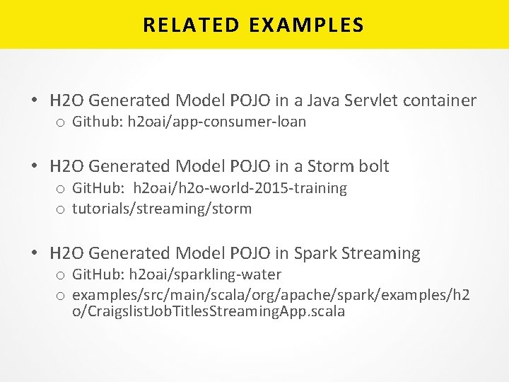 RELATED EXAMPLES • H 2 O Generated Model POJO in a Java Servlet container