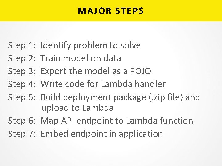 MAJOR STEPS Step 1: Identify problem to solve Step 2: Train model on data