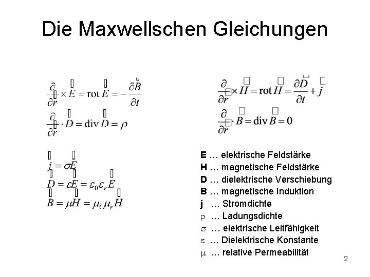 Die Maxwellschen Gleichungen E … elektrische Feldstärke H … magnetische Feldstärke D … dielektrische