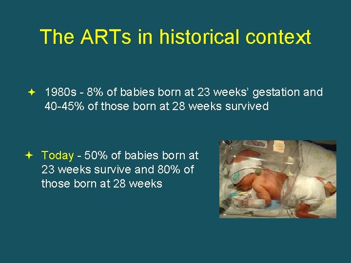 The ARTs in historical context 1980 s - 8% of babies born at 23