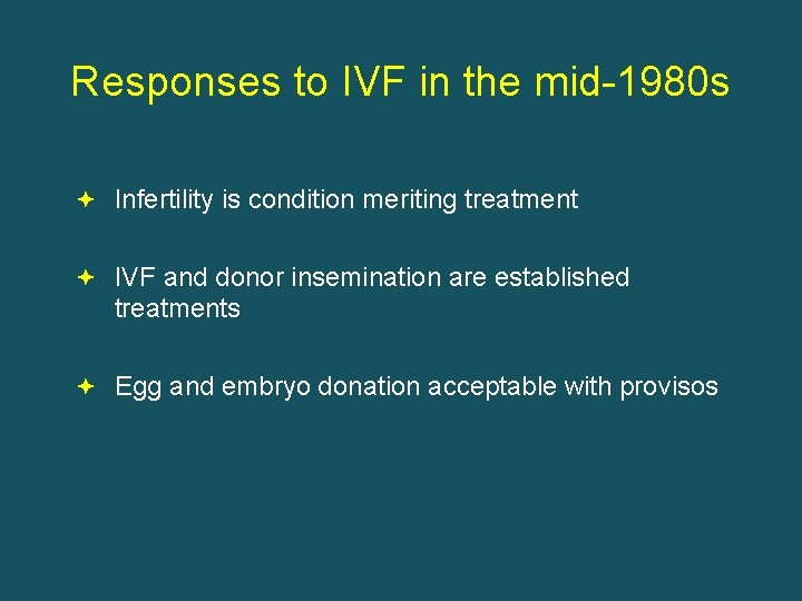 Responses to IVF in the mid-1980 s Infertility is condition meriting treatment IVF and