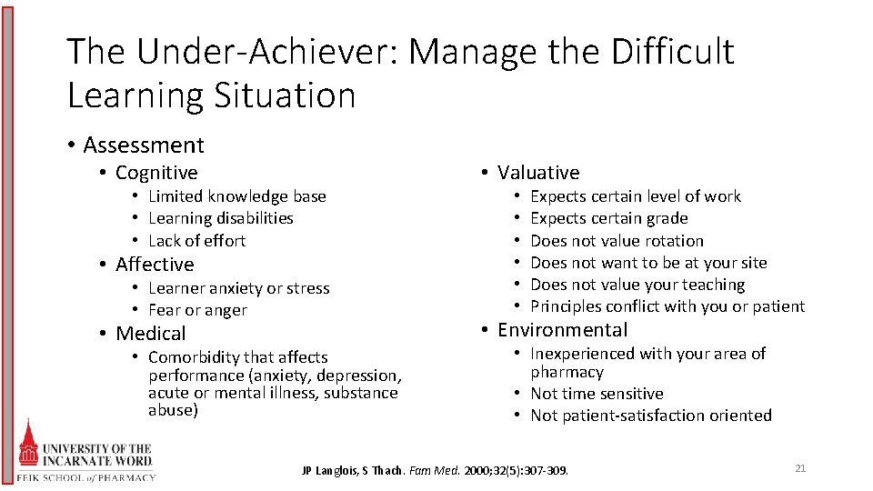 The Under-Achiever: Manage the Difficult Learning Situation • Assessment • Cognitive • Limited knowledge