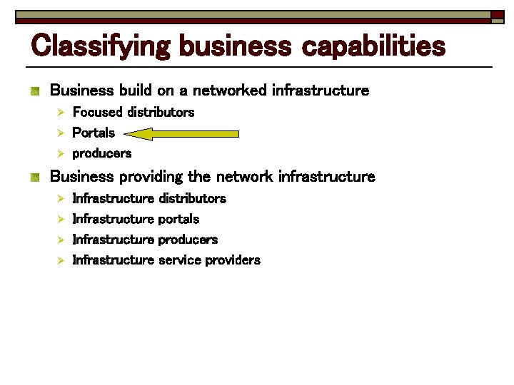 Classifying business capabilities Business build on a networked infrastructure Ø Ø Ø Focused distributors