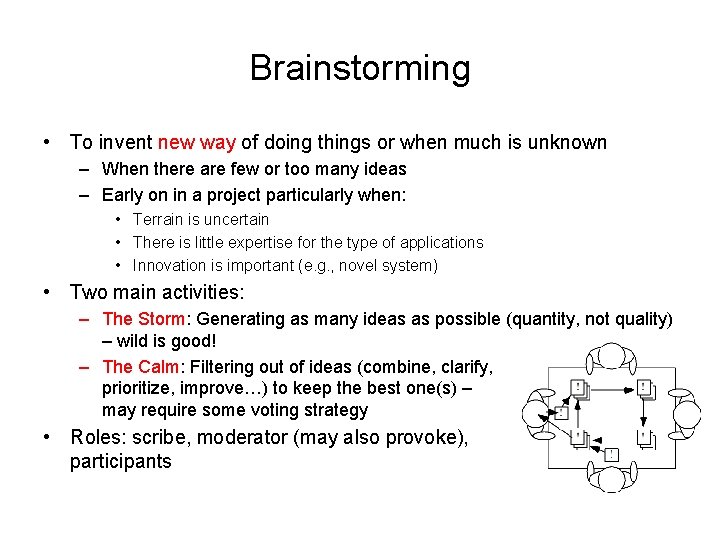 Brainstorming • To invent new way of doing things or when much is unknown