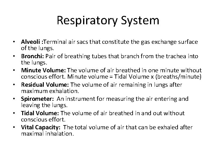 Respiratory System • Alveoli : Terminal air sacs that constitute the gas exchange surface