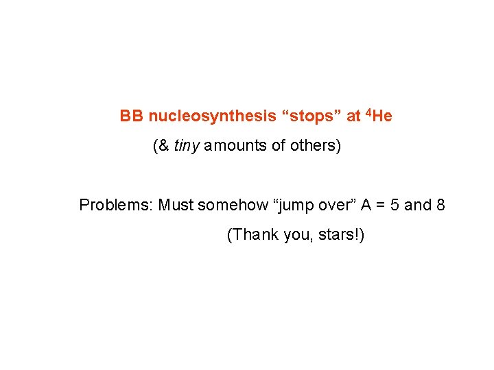  BB nucleosynthesis “stops” at 4 He (& tiny amounts of others) Problems: Must