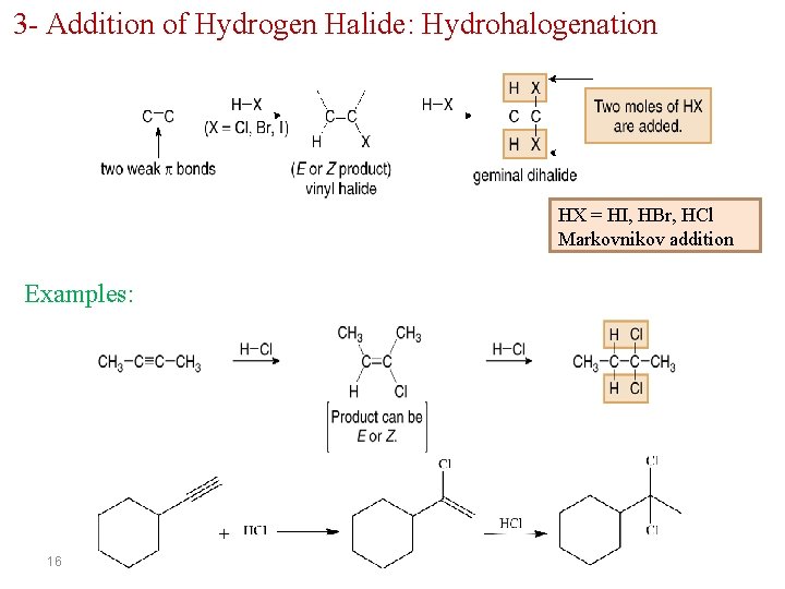 3 - Addition of Hydrogen Halide: Hydrohalogenation HX = HI, HBr, HCl Markovnikov addition