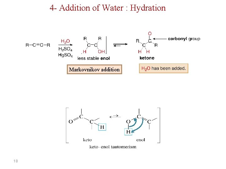 4 - Addition of Water : Hydration Markovnikov addition 18 