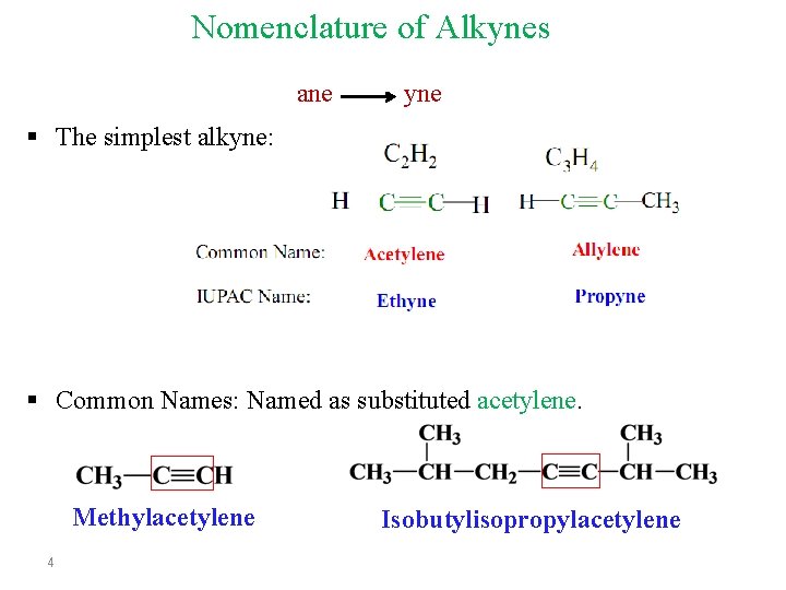 Nomenclature of Alkynes ane yne § The simplest alkyne: § Common Names: Named as