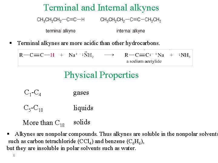 Terminal and Internal alkynes § Terminal alkynes are more acidic than other hydrocarbons. Physical