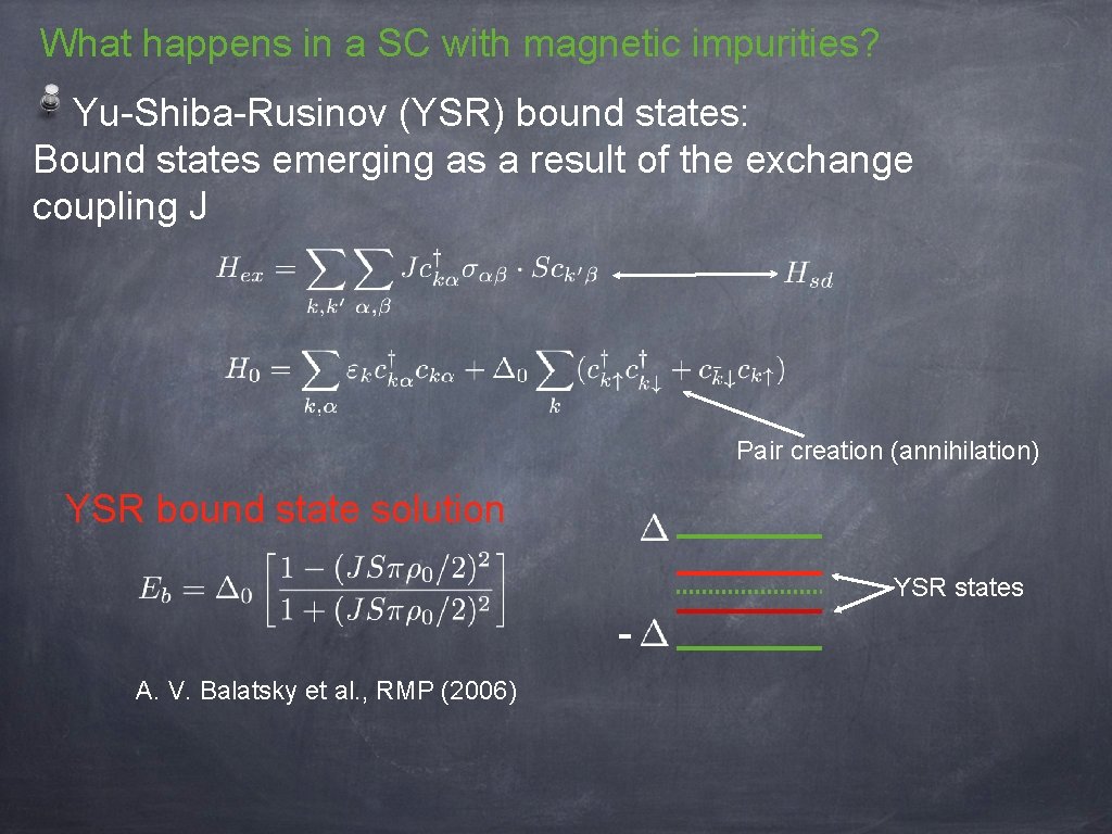 What happens in a SC with magnetic impurities? Yu-Shiba-Rusinov (YSR) bound states: Bound states