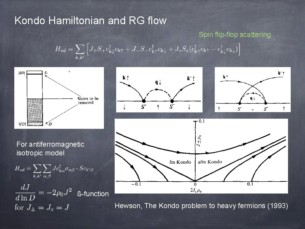Kondo Hamiltonian and RG flow Spin flip-flop scattering For antiferromagnetic isotropic model ß-function Hewson,