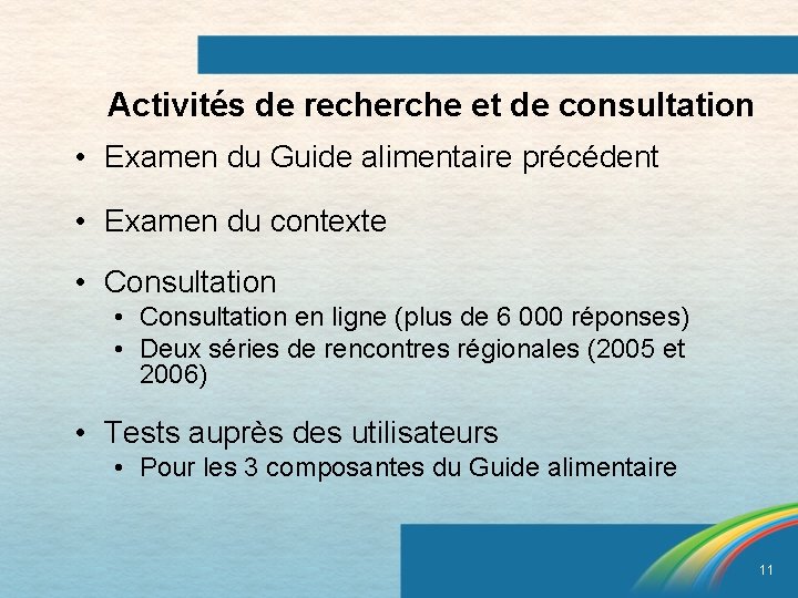Activités de recherche et de consultation • Examen du Guide alimentaire précédent • Examen