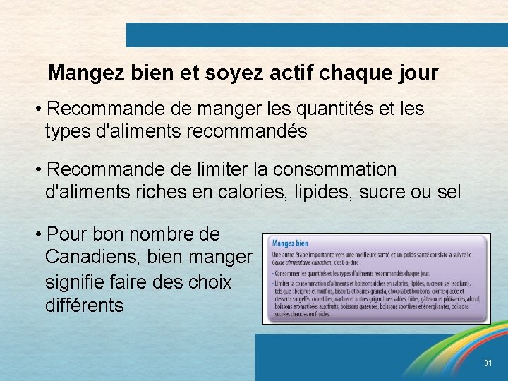 Mangez bien et soyez actif chaque jour • Recommande de manger les quantités et