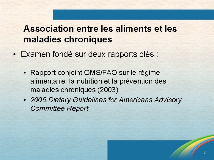 Association entre les aliments et les maladies chroniques • Examen fondé sur deux rapports
