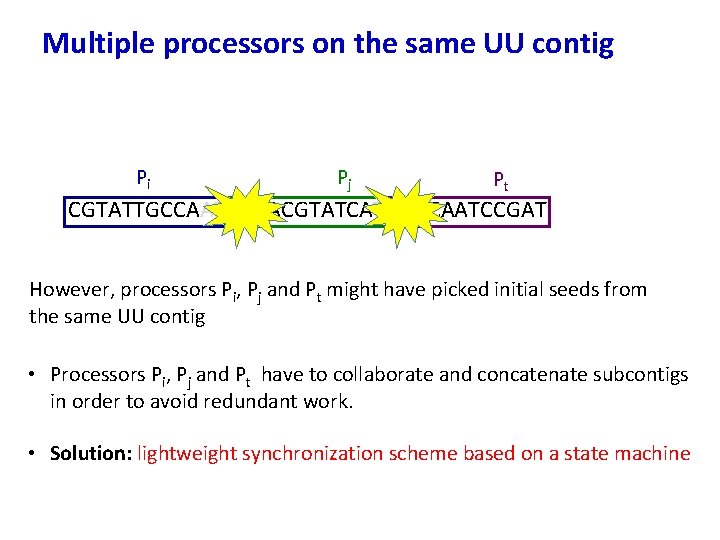 Multiple processors on the same UU contig Pi Pj Pt CGTATTGCCAATGCAACGTATCATGGCCAATCCGAT However, processors Pi,