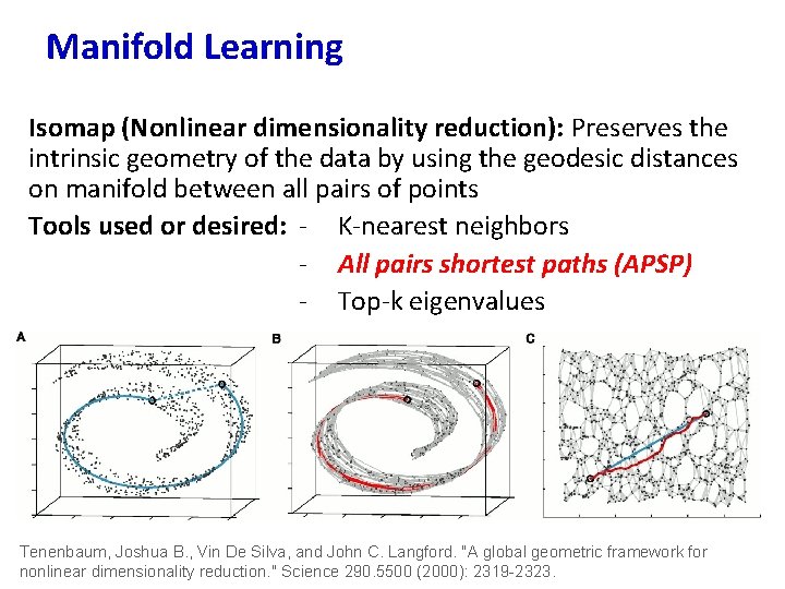 Manifold Learning Isomap (Nonlinear dimensionality reduction): Preserves the intrinsic geometry of the data by