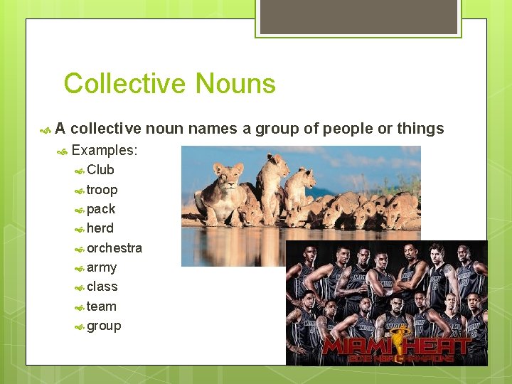 Collective Nouns A collective noun names a group of people or things Examples: Club