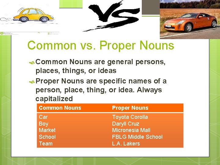 Common vs. Proper Nouns Common Nouns are general persons, places, things, or ideas Proper